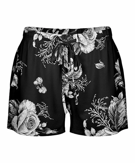 Lily | Black & Gray Floral Drawstring Shorts - Women 1 Lily | Black & Gray Floral Drawstring Shorts - Women