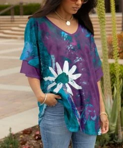 Lily | Navy & Purple Floral Layer-Sleeve Tunic - Women