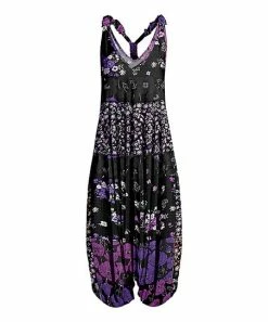 Lily | Black & Purple Floral Racerback Harem Jumpsuit - Women