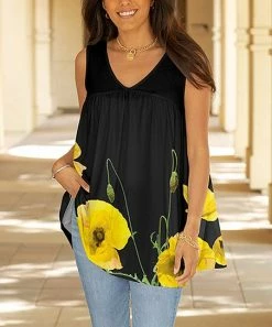 Lily | Yellow & Black Floral V-Neck Swing Tank - Plus