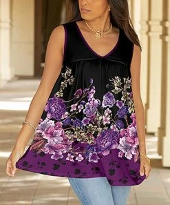 Lily | Black & Purple Floral V-Neck Swing Tank - Plus