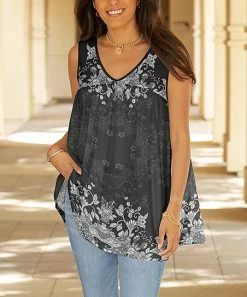 Lily | Gray & White Floral V-Neck Swing Tank - Women