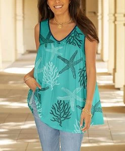 Lily | Turquoise & Blue Starfish Sleeveless Swing Tunic - Women