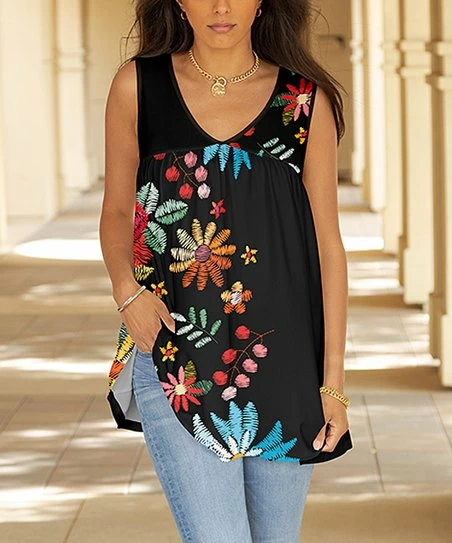 Lily | Black & Blue Floral V-Neck Swing Tank - Plus 1 Lily | Black & Blue Floral V-Neck Swing Tank - Plus