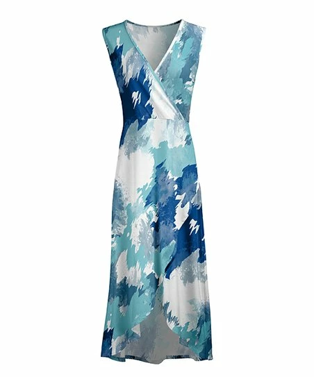 Lily | Blue & White Watercolor Sleeveless Surplice Hi-Low Maxi Dress - Women 1 Lily | Blue & White Watercolor Sleeveless Surplice Hi-Low Maxi Dress - Women