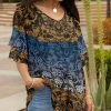 Lily | Blue & Rust Floral Color Block Ruffle-Sleeve V-Neck Tunic - Women