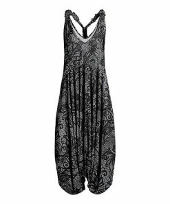 Lily | Gray & Black Floral Web V-Neck Racerback Harem Jumpsuit - Plus
