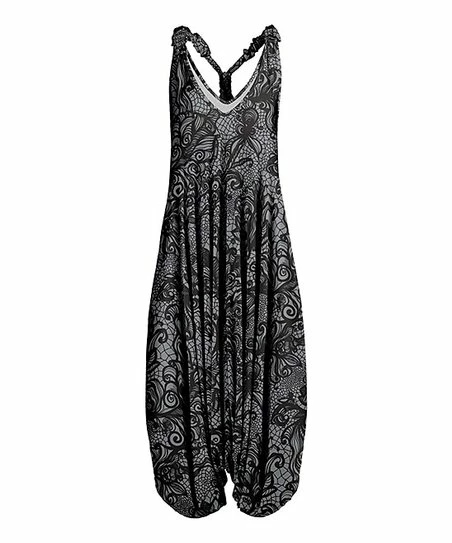 Lily | Gray & Black Floral Web V-Neck Racerback Harem Jumpsuit - Plus 1 Lily | Gray & Black Floral Web V-Neck Racerback Harem Jumpsuit - Plus