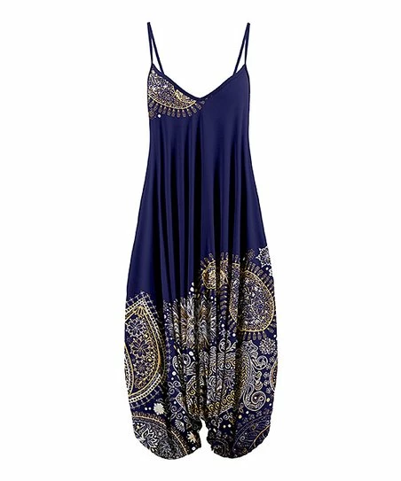 Lily | Navy & Beige Paisley Sleeveless Harem Jumpsuit - Women 1 Lily | Navy & Beige Paisley Sleeveless Harem Jumpsuit - Women