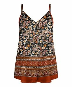 Lily | Black & Rust Paisley Button-Up V-Neck Tank - Plus