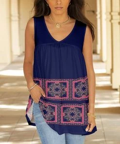 Lily | Purple & Pink Floral Geometric V-Neck Sleeveless Tunic - Plus