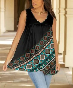 Lily | Black & Turquoise Geometric Sleeveless Swing Tunic - Plus