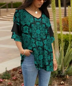 Lily | Teal & Black Mandalas Ruffle-Sleeve V-Neck Tunic - Women