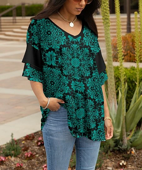 Lily | Teal & Black Mandalas Ruffle-Sleeve V-Neck Tunic - Women 1 Lily | Teal & Black Mandalas Ruffle-Sleeve V-Neck Tunic - Women