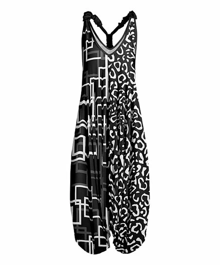 Lily | Black Geometric & Leopard Racerback Harem Jumpsuit - Plus 1 Lily | Black Geometric & Leopard Racerback Harem Jumpsuit - Plus