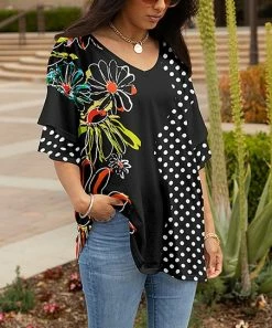 Lily | Black Multicolor Floral Polka Dot V-Neck Tiered-Sleeve Tunic - Women