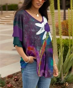 Lily | Purple & Teal Abstract Floral V-Neck Tiered-Sleeve Tunic - Plus