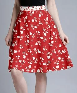 Lily | Red & White Floral A-Line Skirt - Women