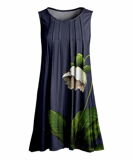 Lily | Gray & Green Floral Pleated Sleeveless Tunic - Women 1 Lily | Gray & Green Floral Pleated Sleeveless Tunic - Women