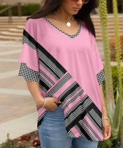 Lily | Black & Pink Houndstooth Geometric Ruffle-Sleeve V-Neck Tunic - Women & Plus