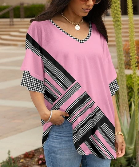 Lily | Black & Pink Houndstooth Geometric Ruffle-Sleeve V-Neck Tunic - Women & Plus 1 Lily | Black & Pink Houndstooth Geometric Ruffle-Sleeve V-Neck Tunic - Women & Plus