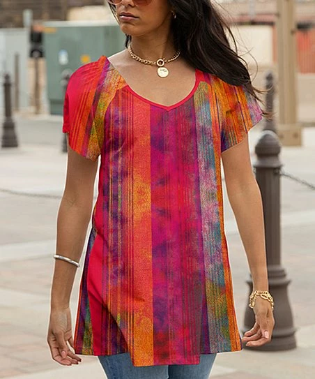 Lily | Red & Orange Abstract Stripe V-Neck Tunic - Plus 1 Lily | Red & Orange Abstract Stripe V-Neck Tunic - Plus