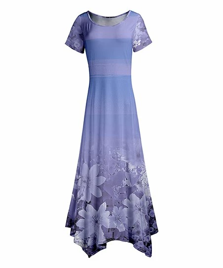 Lily | Lavender & Gray Floral Short-Sleeve Handkerchief Maxi Dress - Plus 1 Lily | Lavender & Gray Floral Short-Sleeve Handkerchief Maxi Dress - Plus