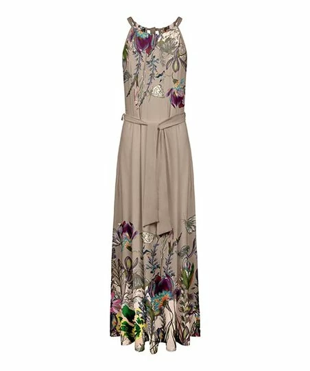 Lily | Mocha & Purple Floral Tie-Waist Yoke Maxi Dress - Plus 1 Lily | Mocha & Purple Floral Tie-Waist Yoke Maxi Dress - Plus
