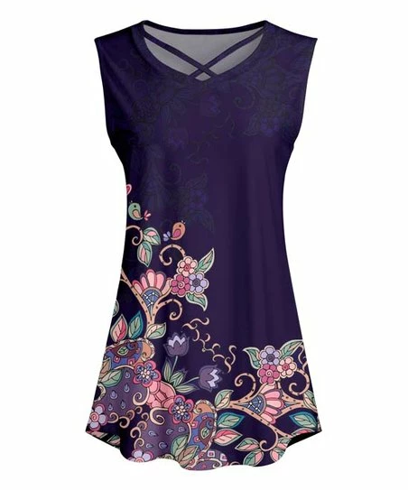 Lily | Purple & Pink Floral Crisscross-Neck Sleeveless Tunic - Women 1 Lily | Purple & Pink Floral Crisscross-Neck Sleeveless Tunic - Women