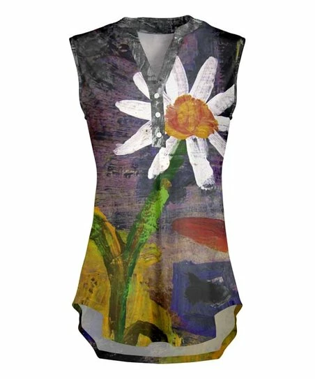 Lily | Gray & Yellow Daisy Button-Front Sleeveless Tunic - Women 1 Lily | Gray & Yellow Daisy Button-Front Sleeveless Tunic - Women