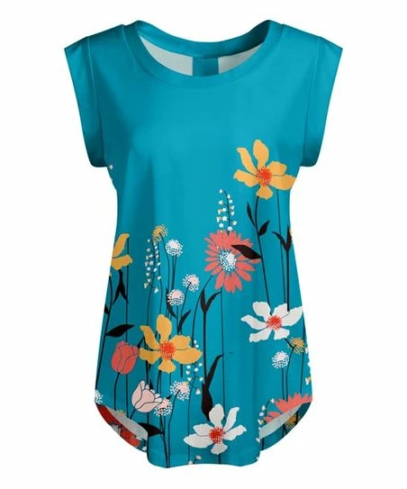 Lily | Blue & Coral Floral Short-Sleeve Curved-Hem Top - Women 1 Lily | Blue & Coral Floral Short-Sleeve Curved-Hem Top - Women