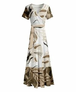 Lily | Beige & Mocha Leaves Tie-Waist Surplice Maxi Dress - Women
