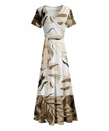 Lily | Beige & Mocha Leaves Tie-Waist Surplice Maxi Dress - Women 1 Lily | Beige & Mocha Leaves Tie-Waist Surplice Maxi Dress - Women