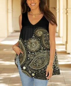 Lily | Black & Gold Paisley Sleeveless Swing Tunic - Plus