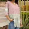 Lily | Pink & Beige Damask V-Neck Layered-Sleeve Tunic - Women
