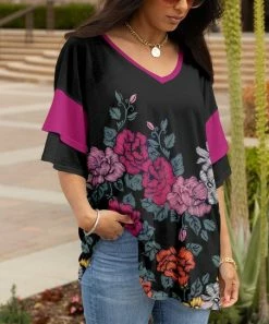 Lily | Black & Fuchsia Floral Ruffle-Sleeve V-Neck Tunic - Plus