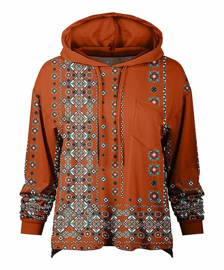 Lily | Rust & Turquoise Geometric Patch-Pocket Hoodie - Plus 1 Lily | Rust & Turquoise Geometric Patch-Pocket Hoodie - Plus