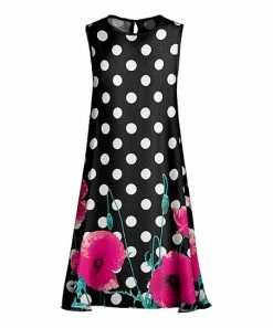Lily | Black & Pink Polka Dot Floral Sleeveless Shift Dress - Plus