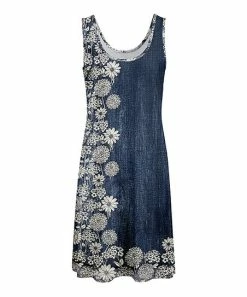 Lily | Blue & Cream Daffodil Daisy Scoop Neck Sleeveless Dress - Plus