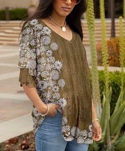 Lily | Brown & White Floral-Border Layered-Sleeve Tunic - Women