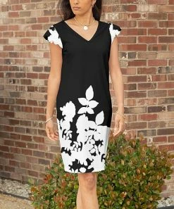 Lily | Black & White Floral Silhouette Flutter-Sleeve Sheath Dress - Women