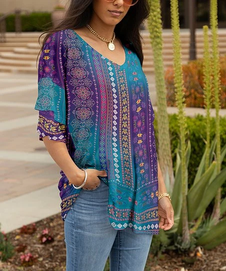 Lily | Purple & Teal Geometric V-Neck Tiered-Sleeve Tunic - Women & Plus 1 Lily | Purple & Teal Geometric V-Neck Tiered-Sleeve Tunic - Women & Plus