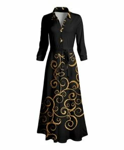 Lily | Black & Gold Scroll Button-Front Long-Sleeve Belted Maxi Dress - Women & Plus