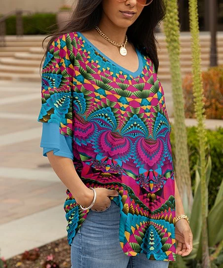 Lily | Pink & Blue Geometric Ruffle-Sleeve Tunic - Plus 1 Lily | Pink & Blue Geometric Ruffle-Sleeve Tunic - Plus