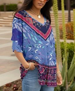 Lily | Blue & Pink Leaf V-Neck Tunic - Women