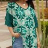 Lily | Green & Teal Abstract Leaf V-Neck Tunic - Women