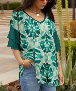 Lily | Green & Teal Abstract Leaf V-Neck Tunic - Women