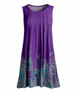 Lily | Purple & Teal Peacock Feather Pleated Sleeveless Tunic - Plus