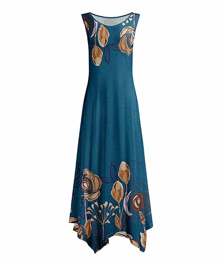 Lily | Teal & Brown Abstract Floral Sleeveless Handkerchief Maxi Dress - Women 1 Lily | Teal & Brown Abstract Floral Sleeveless Handkerchief Maxi Dress - Women