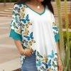 Lily | Turquoise & White Butterfly V-Neck Ruffle-Sleeve Tunic - Women